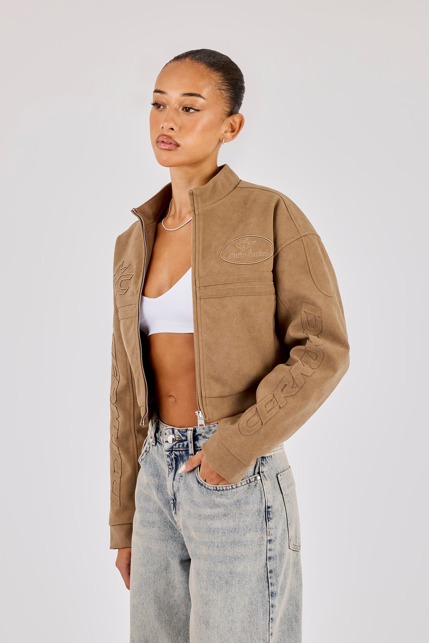 Women's Suede Applique Moto Jacket - Taupe